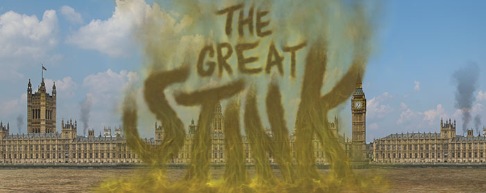illustration of a skyline and a dirty river with text reading The Great Stink